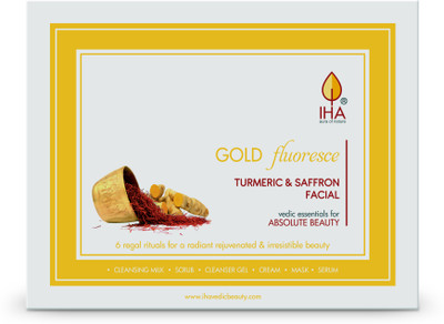 IHA Gold Fluoresce Big Facial Kit - Herbal Facial Kit with Turmeric and Saffron, Radiant and Glowing Skin, Face Cleanup Kit for Normal to Dry Skin (Combo of 6)(6 x 49.17 g)