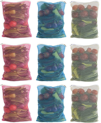 aaradhya Set of 9 Reusable Fridge Mesh Fabric Storage Bag for Vegetables and Fruits with Zip Lock (9 X 14 Inches) Multi Color Pack of 9 Grocery Bags(Multicolor)