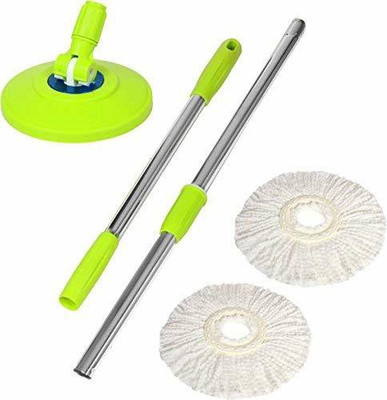 KAYKUS Mop Stick 360° Spin Cleaning Mop Stick Stainless Steel Rod Handle Stick Set with 2 Head Refill for Home and Bathroom Floor Tiles Usable Things Package 1 Mop stick With 2 Pc Head Microfiber Refill Strip Mop(Green)