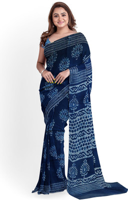 ghoonghat-sadgi aur soundarya ka milan Printed Hand Batik Pure Cotton Saree(Blue)