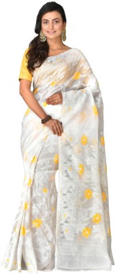 crochetin Woven Jamdani Cotton Blend Saree(White, Yellow)