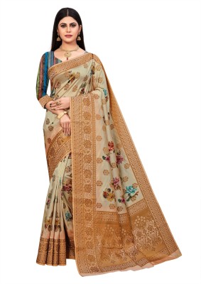 GUNATIT CREATION Floral Print Bollywood Art Silk Saree(Beige)