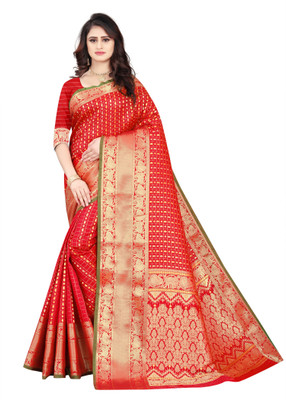 SPRIHA Woven Bollywood Silk Blend Saree(Red)