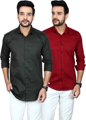 Liza Martin Men Solid Casual Dark Green, Maroon Shirt(Pack of 2)