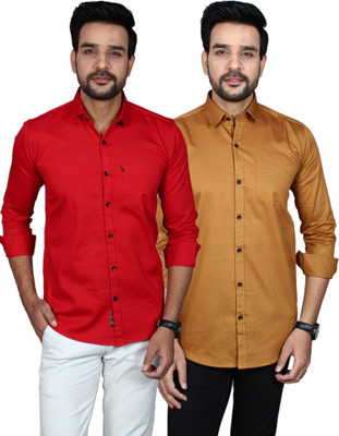 Liza Martin Men Solid Casual Red, Khaki Shirt(Pack of 2)