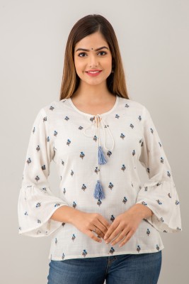 RAABA Casual 3/4 Sleeve Printed Women White Top