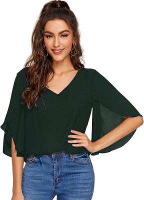 Fashionseye Casual 3/4 Sleeve Solid Women Green Top