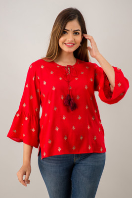 RAABA Casual 3/4 Sleeve Printed Women Red Top