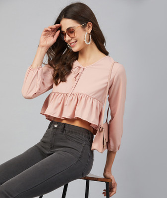 Chimpaaanzee Casual 3/4 Sleeve Solid Women Pink Top