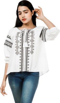 KILKI Casual 3/4 Sleeve Embroidered Women White Top