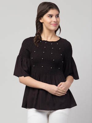 Fabitto Casual Half Sleeve Embellished Women Black Top