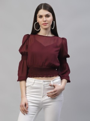 ATHENA Casual 3/4 Sleeve Solid Women Maroon Top