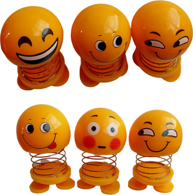 GRAB DEAL Smiley Face Spring Doll For Car Dashboard Kids Toy Emoji Shaking Head Doll Car (Pack Of 6)(Yellow)