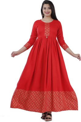 VISHNURAJ Women Printed Flared Kurta(Red)