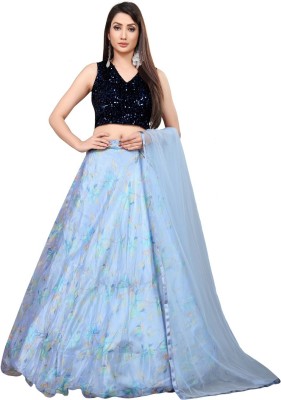 Bandidhari Fashion Floral Print Semi Stitched Lehenga Choli(Light Blue)