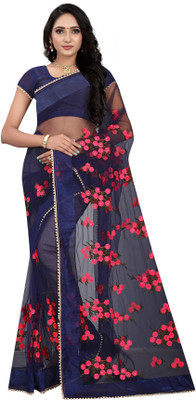 RE Renny Enterprise Embroidered Bollywood Net Saree(Dark Blue)