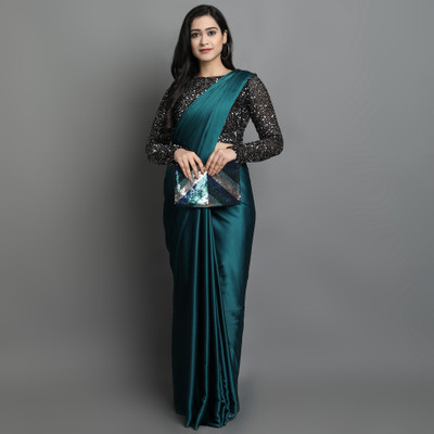 GLOWMOROUS Woven Bollywood Silk Blend, Satin Saree(Light Blue)