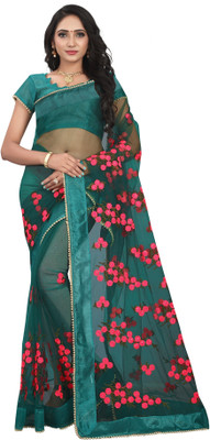 RE Renny Enterprise Embroidered Bollywood Net Saree(Dark Green)