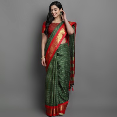 GLOWMOROUS Checkered Bollywood Pure Cotton Saree(Green)