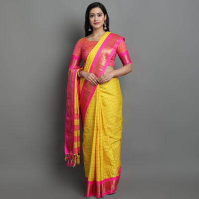 Vleez Checkered Bollywood Pure Cotton Saree(Yellow)