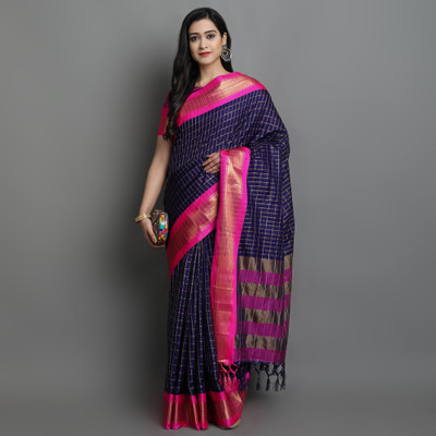 GLOWMOROUS Checkered Bollywood Pure Cotton Saree(Dark Blue)