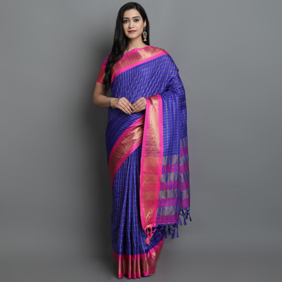 GLOWMOROUS Checkered Bollywood Pure Cotton Saree(Blue)