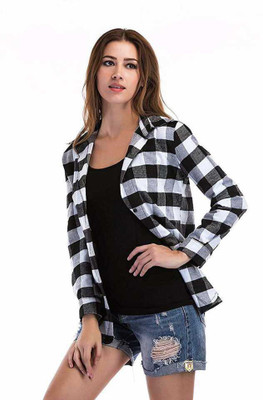 ahloxia Women Checkered Casual White Shirt
