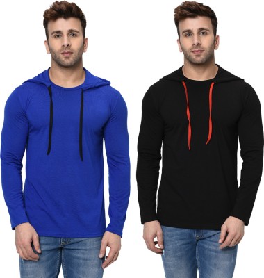 Unite Wear Solid Men Hooded Neck Blue, Black T-Shirt