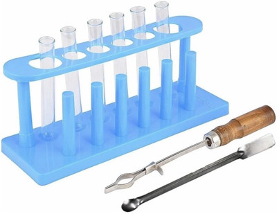 Sciencolab Borosilicate Glass Test Tube(6pcs),Plastic Test Tube Stand(White),Wooden Test Tube Holder and Spatula for pouring Plastic Test Tube Rack(6 Multicolor)