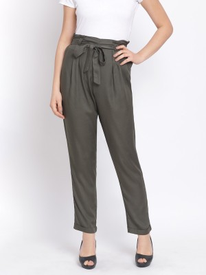 OXOLLOXO Women Solid Regular Trouser (Large) Green Regular Fit Women Grey Trousers