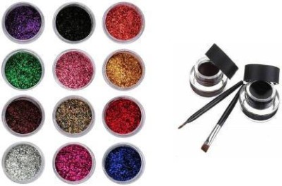 Lenon Beauty Colourful Sparkles Eyeshadow Glitter Powder (12 pcs) and Music Flower Waterproof Gel Eyeliner (Black Brown)(2 Items in the set)