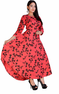 Kuber Fashion Women Fit and Flare Red, Black Maxi/Full Length Dress