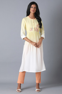 W Women Solid Straight Kurta(Yellow)