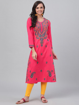 ADA Women Chikan Embroidery, Paisley, Embroidered Straight Kurta(Pink)