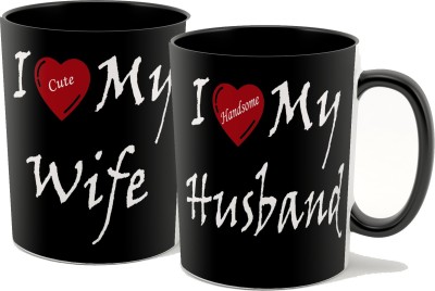 iMPACTGift I Love My Wife Husband Black Printed Coffee gift for Couple Ceramic Coffee Mug(325 ml, Pack of 2)