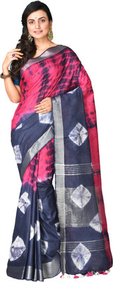crochetin Dyed Handloom Cotton Linen Saree(Multicolor)