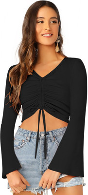 SHREE KSHETRAPAL CREATION Casual Solid Women Black Top