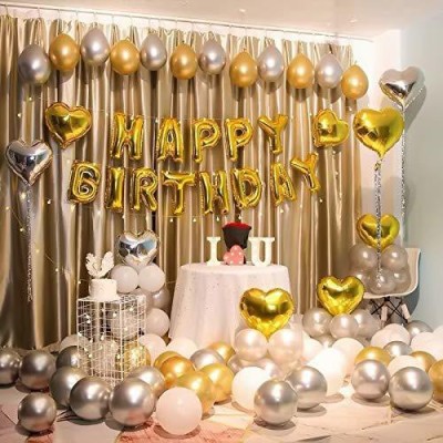 Bubble Trouble Happy Birthday 40th 50th 60th Theme Silver and Golden HBD Letter Foil Balloons Heart Foil Set Decoration Kit for Kids and Adults - 57 Pieces(Set of 54)