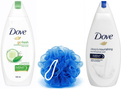 DOVE Go Fresh & Deeply Nourishing Body Wash Nutrium Moisture 2X190ml + Western Avenue Loofah(3 Items in the set) DOVE Go Fresh & Deeply Nourishing Body Wash Nutrium Moisture 2X190ml + Western Avenue Loofah(3 Items in the set)