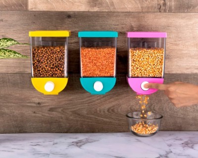 KK plast Wall Mounted Grain Storage Box Cereal Dispenser Single Dry Food Snack Cereal Dispenser Countertop Airtight Food Storage for Kitchen Food Storage - 1000 ml Plastic Cereal Dispenser (Pack of 3, Multicolor) - 1100 ml Plastic Cereal Dispenser(Pack of 3, Multicolor)