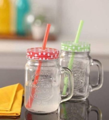 Meldique Mason Jar Glass Set of 1 for Juice with Lid and Straw (500ml) Glass Mason Jar(500 ml)