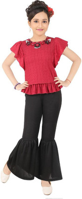 Style Junction Girls Party(Festive) Trouser Top(Maroon, Black)