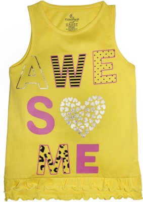 KiddoPanti Girls Typography, Printed Pure Cotton Regular T Shirt(Yellow, Pack of 1)