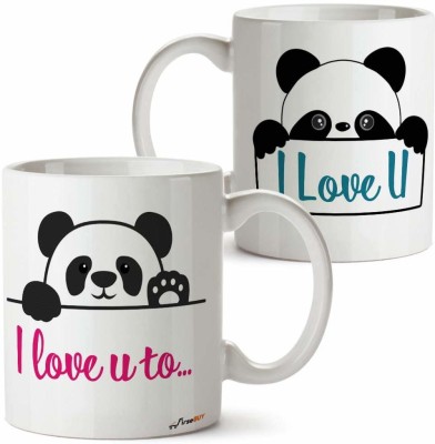 FirseBUY Funny Couple Coffee Set of 2, Cartoon Panda I Love You and I Love You Too Cute Printed Ceramic Coffee Mug(325 ml, Pack of 2)