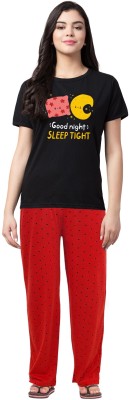 Fflirtygo Women Printed Black, Red Top & Pyjama Set