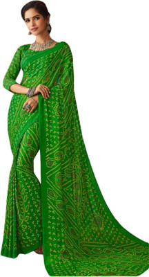 JustEthnic Geometric Print Bandhani Chiffon Saree(Green)