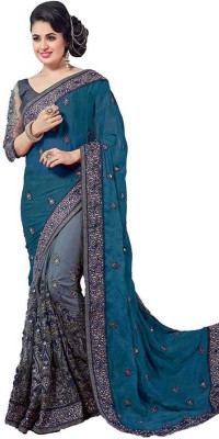 APM Royal Embroidered Bollywood Georgette, Net Saree(Blue)