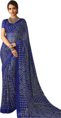 JustEthnic Geometric Print Bandhani Chiffon Saree(Blue)
