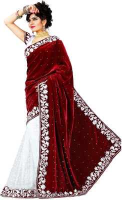 HNC Retail Embroidered Banarasi Net, Velvet Saree(Maroon, White)