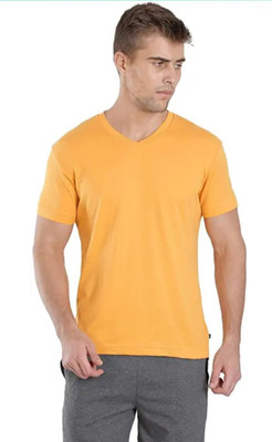 GLITO Solid Men V Neck Yellow T-Shirt